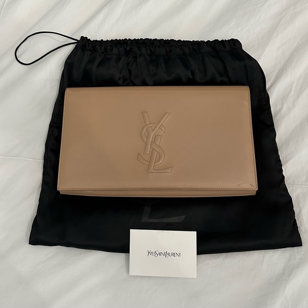 NEW YVES SAINT LAURENT Patent Belle De Jour Clutch BEIGE